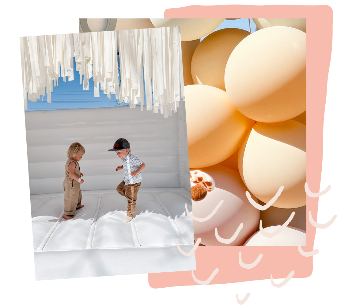 two kids bouncing on white modern bounce house with white fringe. Houston texas modern bounce house rental