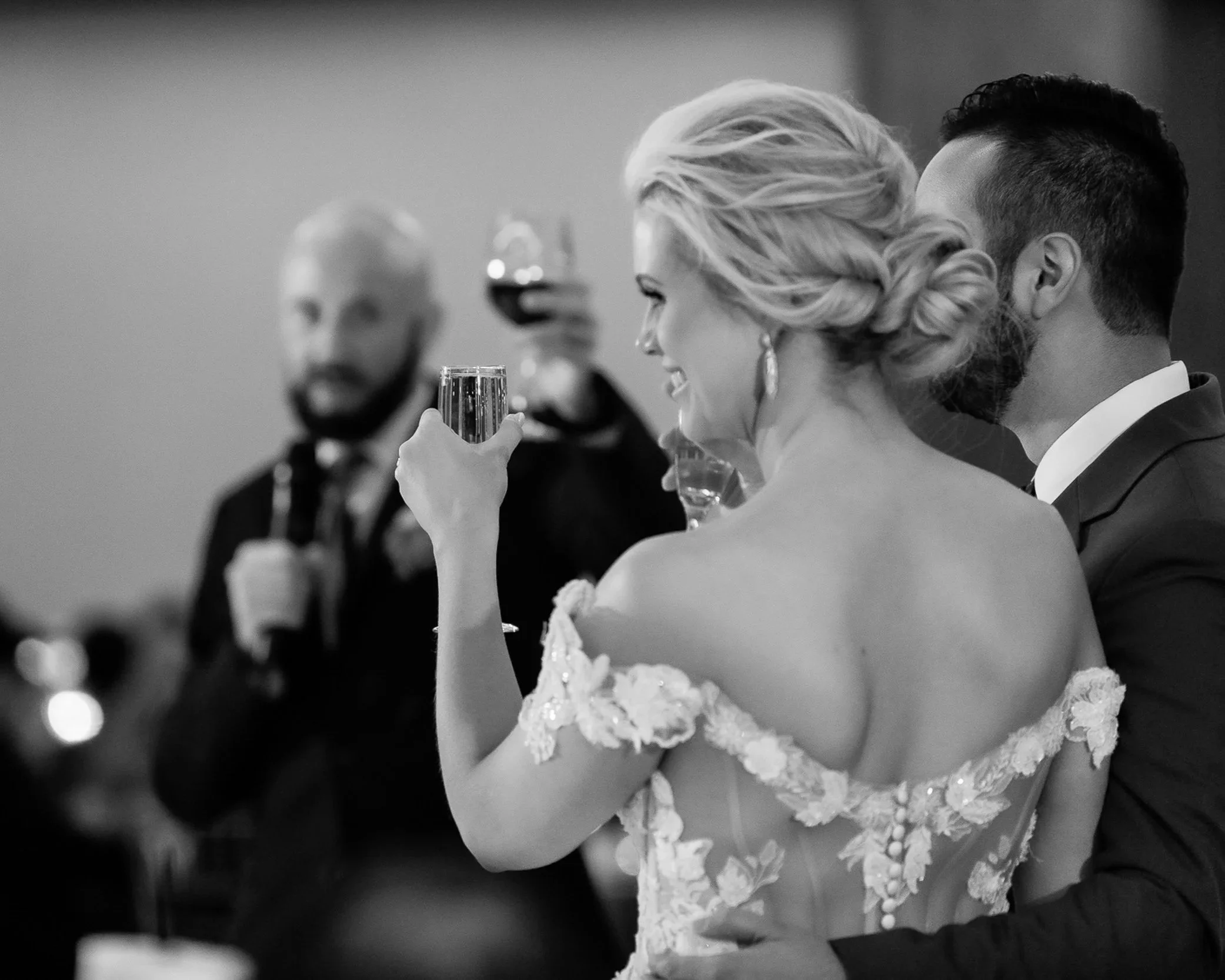 bride-groom-toast-black-and-white-woodlands
