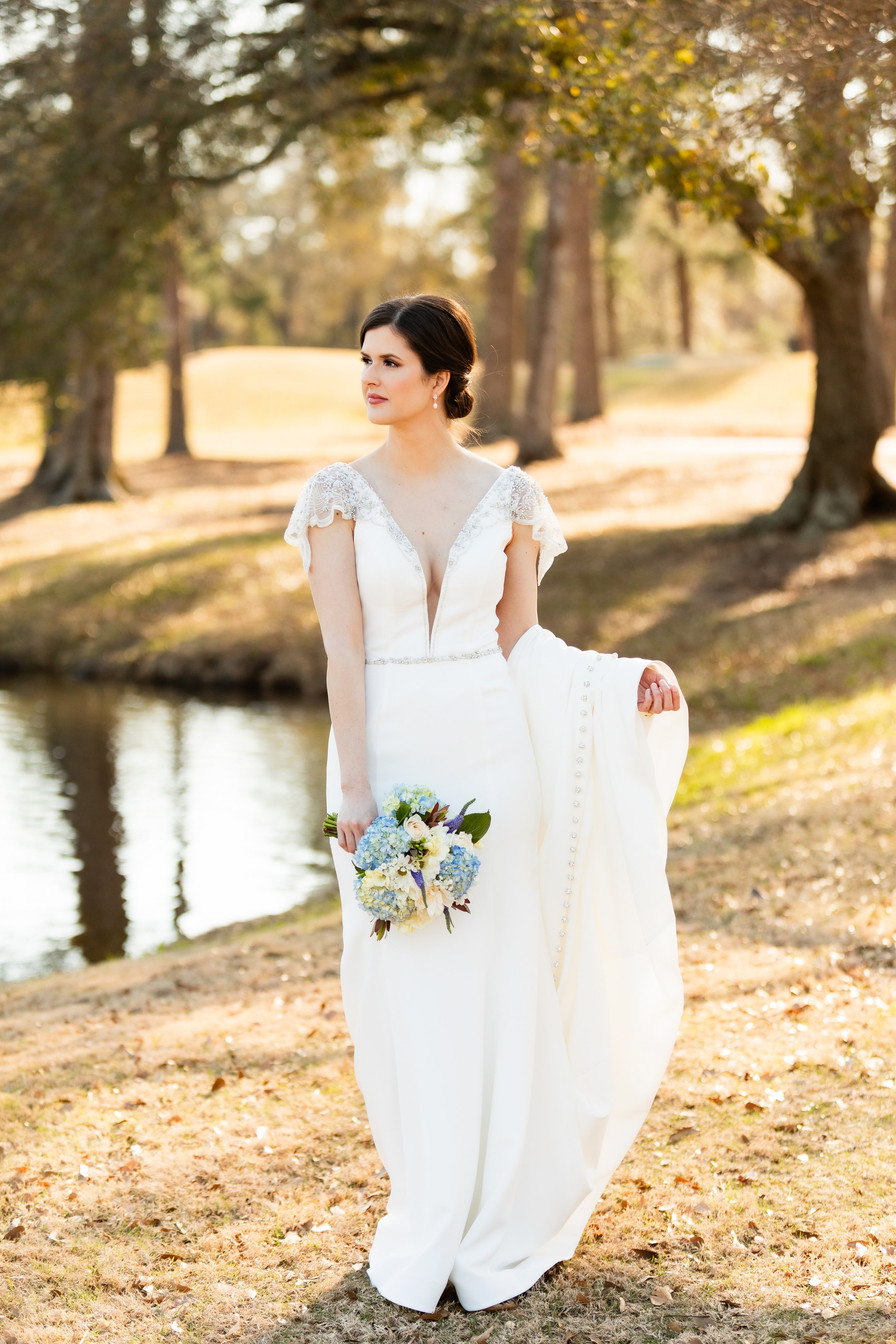 bride-by-water-outdoor-natural-light-bridal-portrait-woodlands-wedding