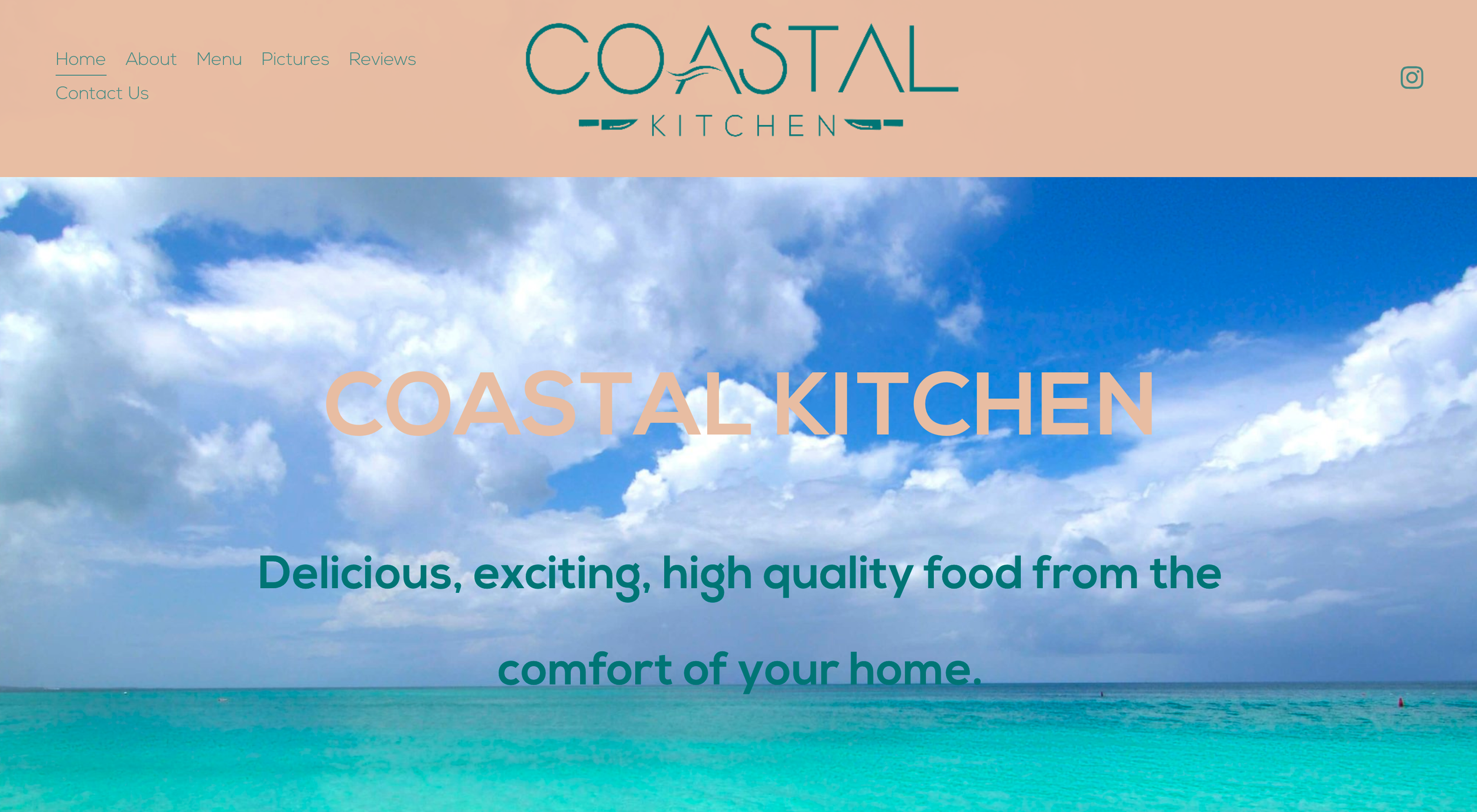 Homepage of Coastal Kitchen website showing a beach scene with blue sky and white clouds, and text promoting high quality food from the comfort of your home.