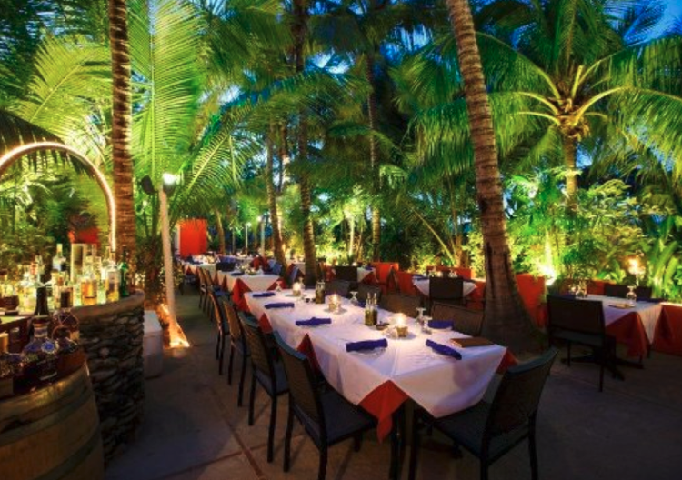 Outdoor dining area with long tables covered with white tablecloths, set with blue napkins and glass bottles, surrounded by tropical palm trees and lush greenery, illuminated by soft lighting at night.
