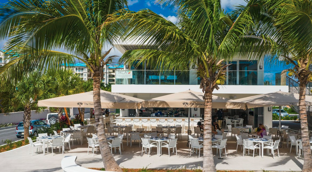 Outdoor restaurant with white tables and chairs, shaded by large umbrellas, surrounded by palm trees, with a modern building in the background.
