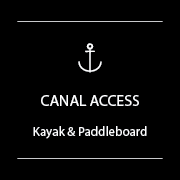Canal access sign with an anchor symbol, indicating kayak and paddleboard access