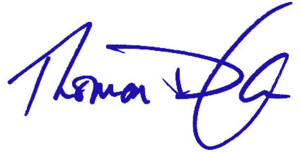 Blue ink signature on white background.