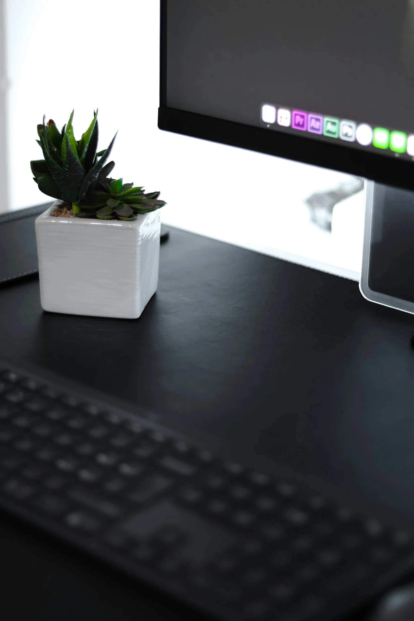 A potted plant helps brighten up a desk, were a computer and keyboard sit.