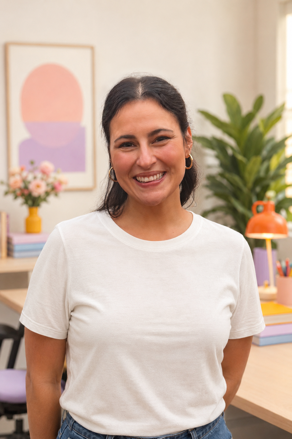 A woman with dark hair, hoop earrings, wearing a white t-shirt, smiling in a brightly decorated room with plants, books, and artwork.
