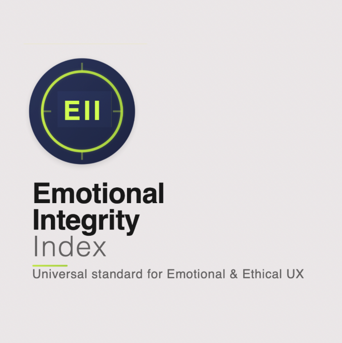 Emotional Integrity Index logo:
Emotional Integrity Index (EII) logo — a framework for ethical and emotional UX design by Melissa Geurts at The Blue Algorithm.