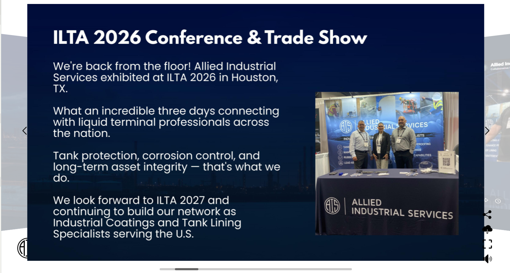 Photo of three people standing behind a table at the ILTA 2026 Conference & Trade Show booth for Allied Industrial Services in Houston, Texas, with a blue display banner in the background.
