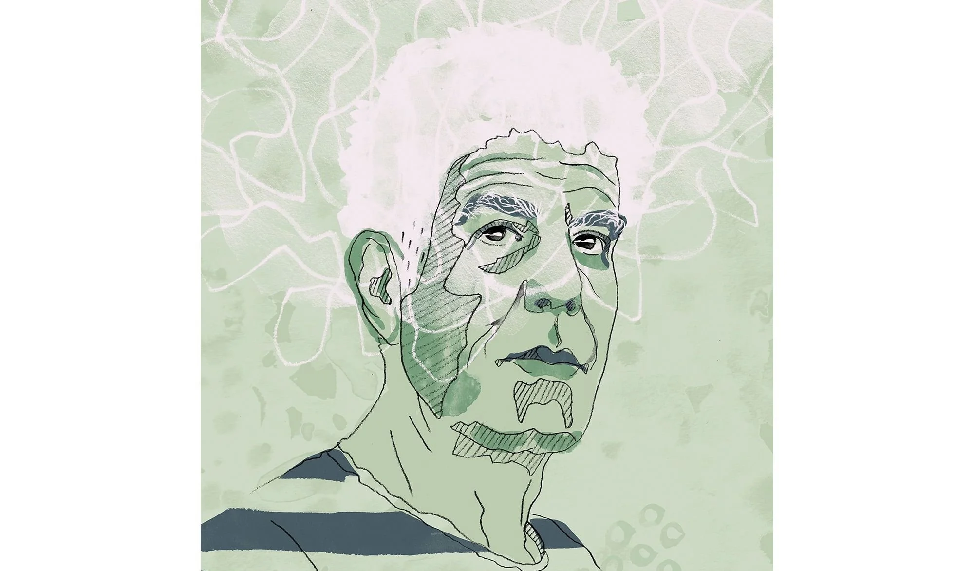 Watercolor and ink portrait of Anthony Bourdain in cool green and gray tones, surrounded by abstract line textures suggesting deep thought.