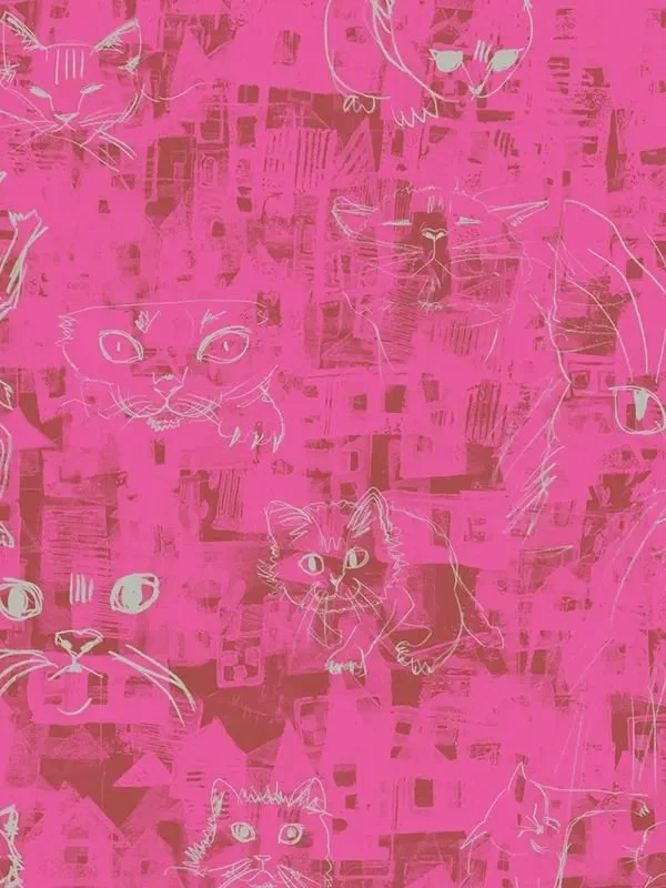 Pattern version with light pink houses and pale green cats on muted green-brown background - subtle, earthy contrast.