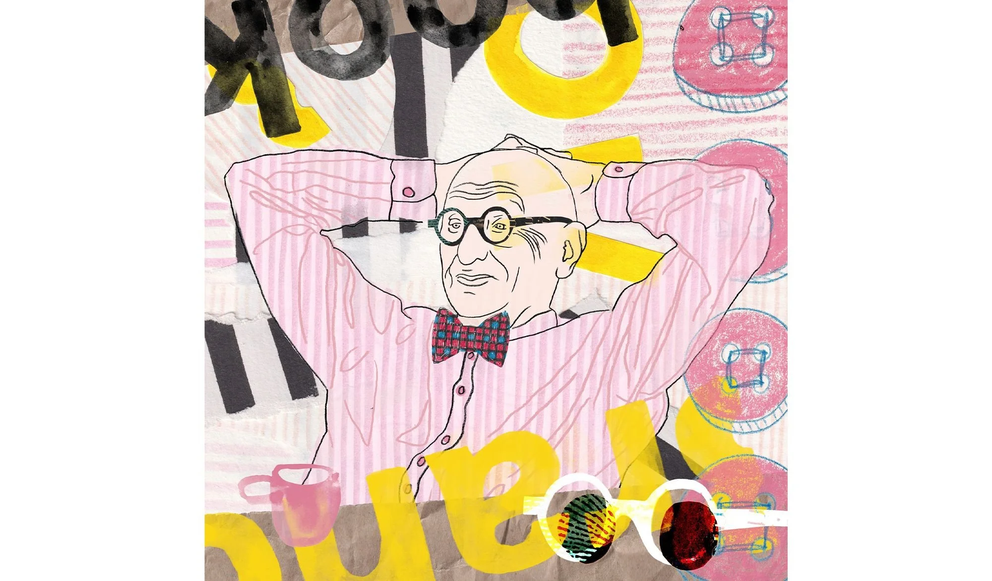 Mixed media lifestyle portrait of Wally Olins, created with bold collage elements and strong graphic contrasts, dominated by yellow, black and soft pink tones.