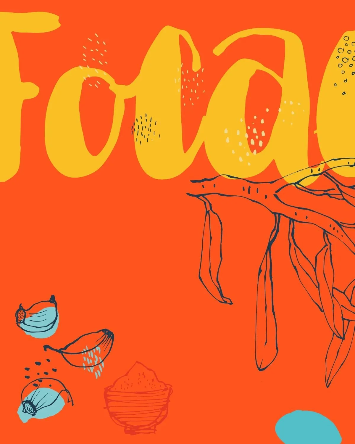 Red-orange background pattern variation with hand-lettered “focaccia” text, olive branch, garlic, and flour bowl — warm Mediterranean palette.