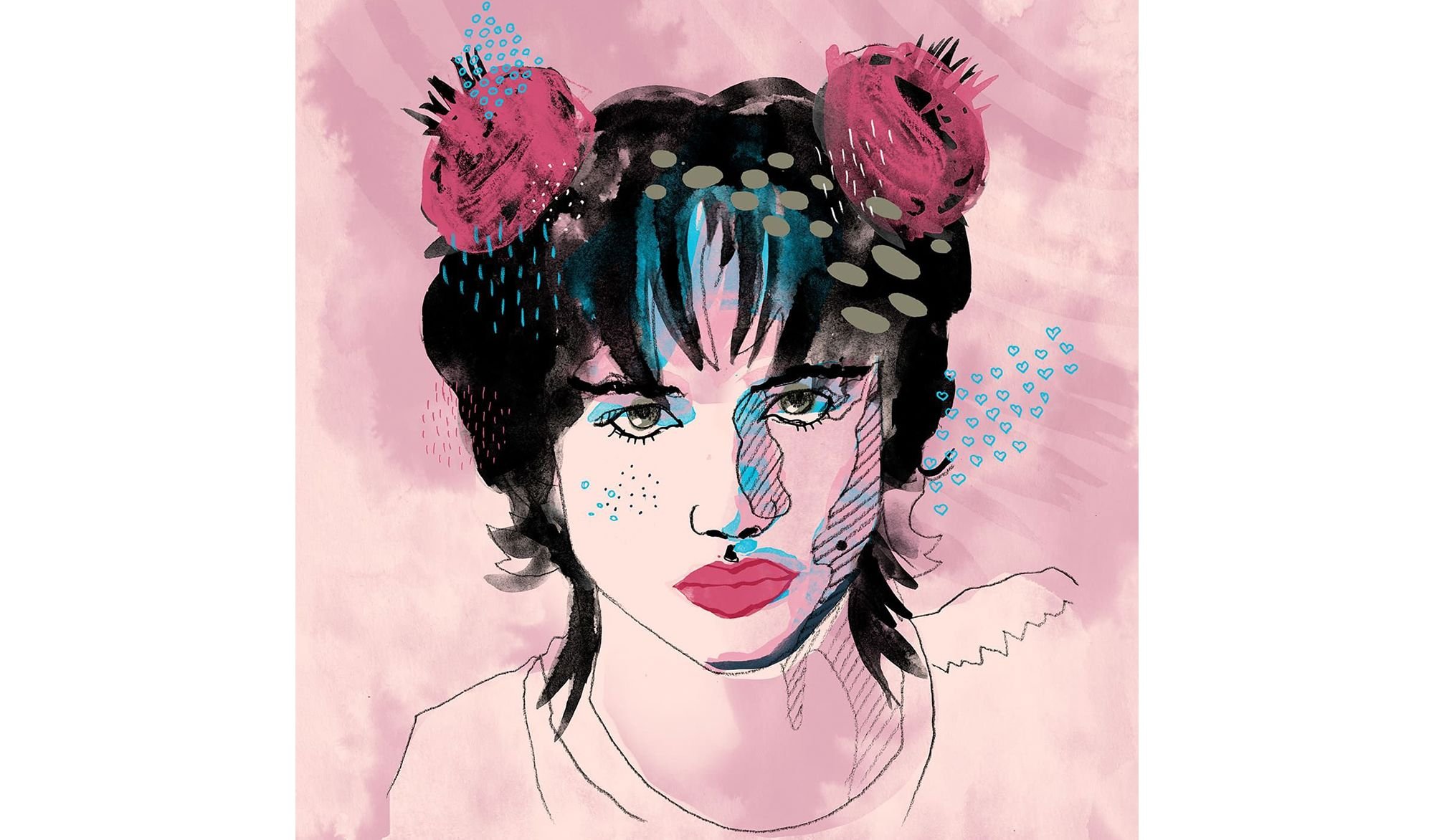 Expressive watercolor portrait of Juliette Lewis with playful gaze, twin buns, and splashes of blue and rose tones against a soft wash background.