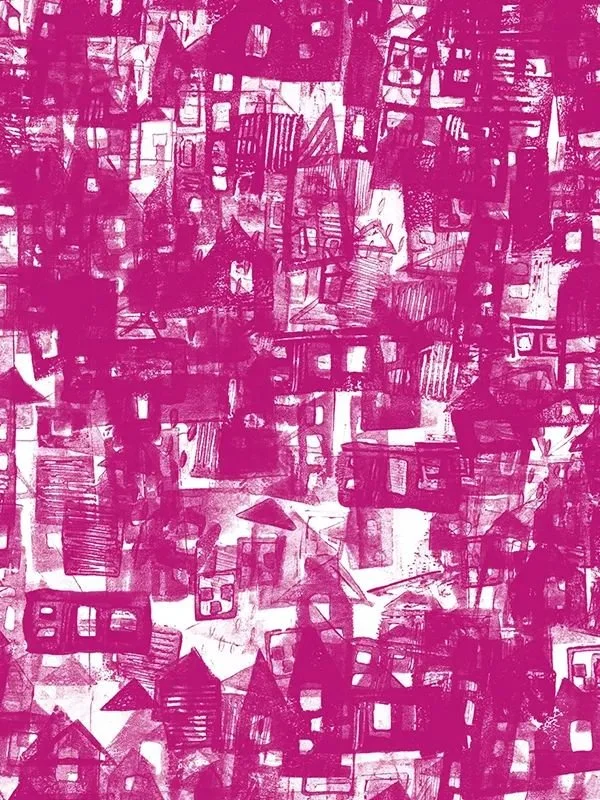 Seamless pattern variation with deep pink houses on white background — flat, graphic, minimal design.