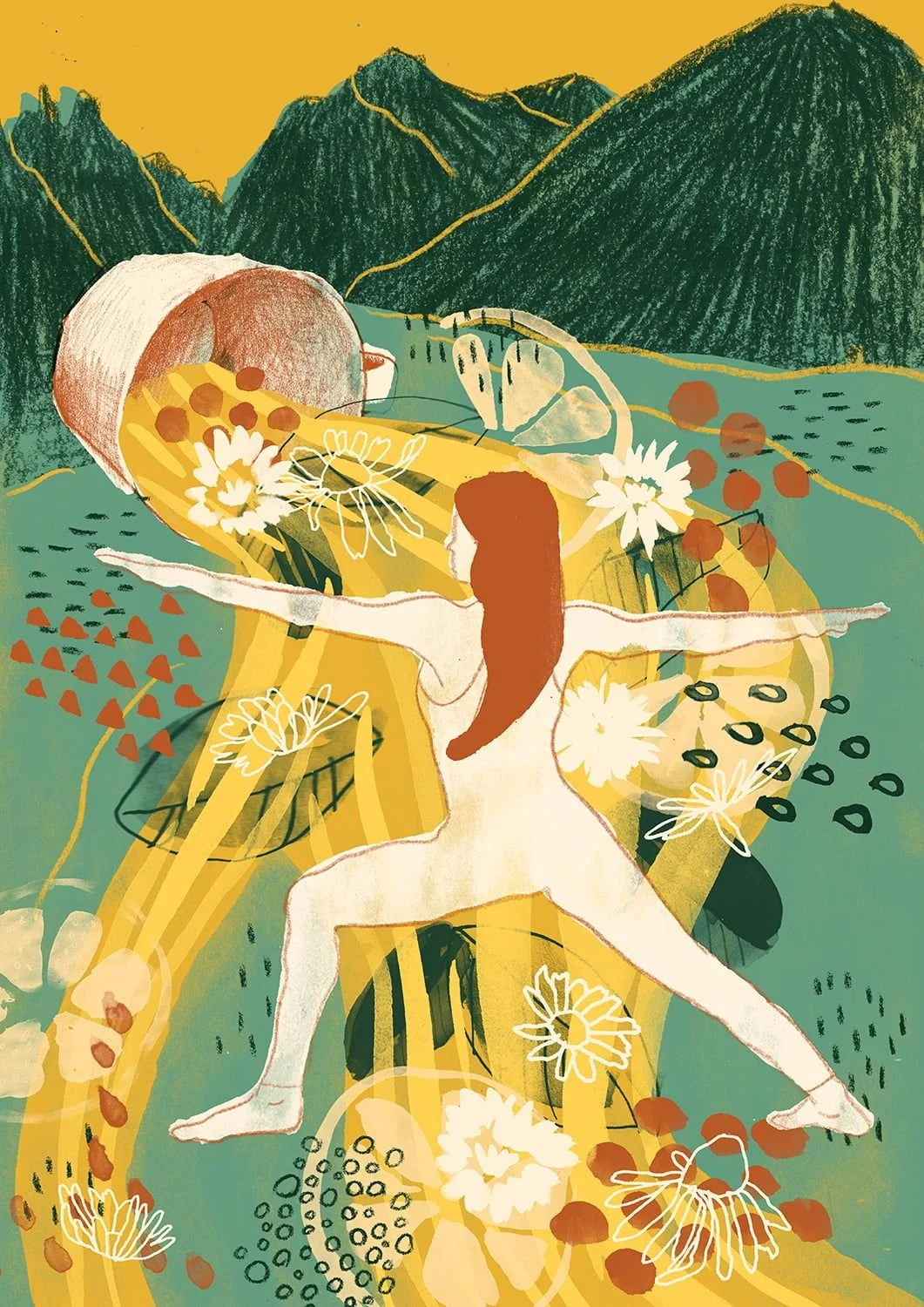 Editorial illustration of a figure in warrior II pose standing steady inside a flood of tea pouring from a giant overturned cup, mountains rising behind, chamomile flowers and lemon slices scattered through mustard yellow and teal tones - strength he