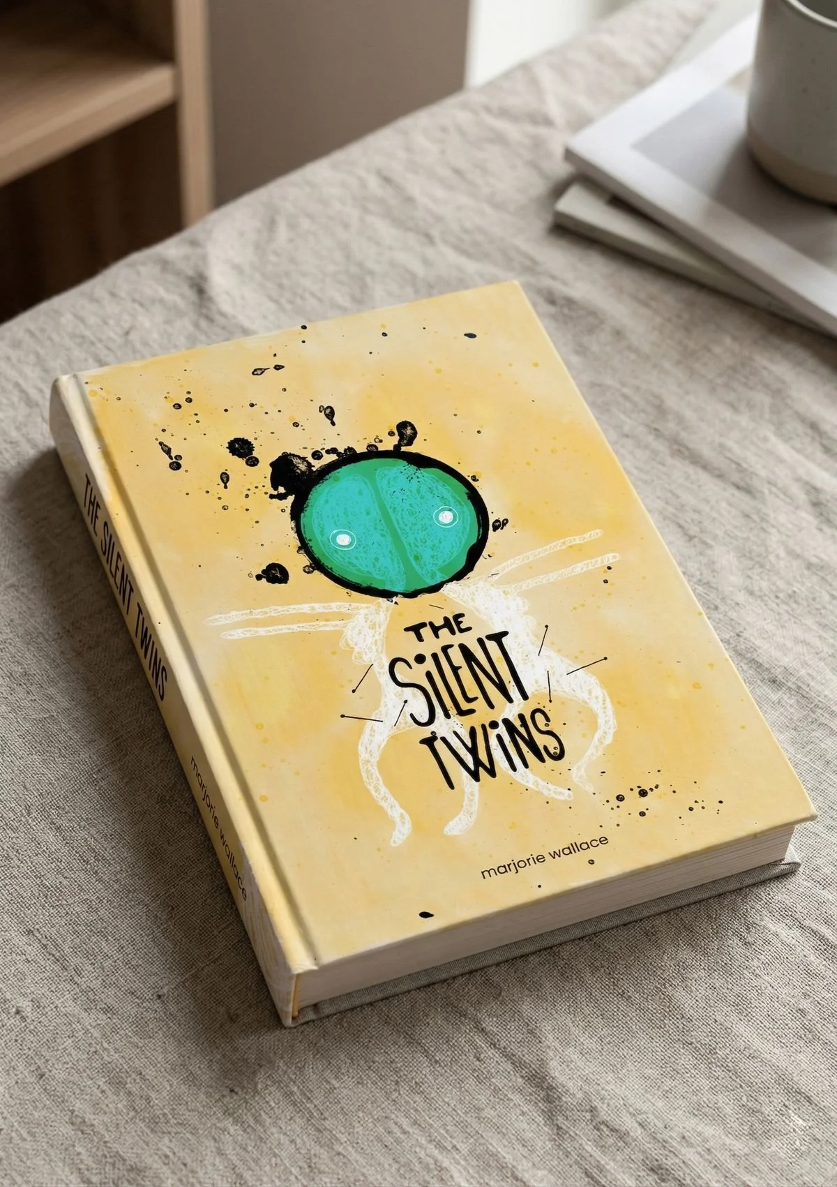 Book cover illustration for The Silent Twins by Marjorie Wallace - ink and watercolour on yellow ochre background with a green circular form, ink splatter and white chalk-like dolls