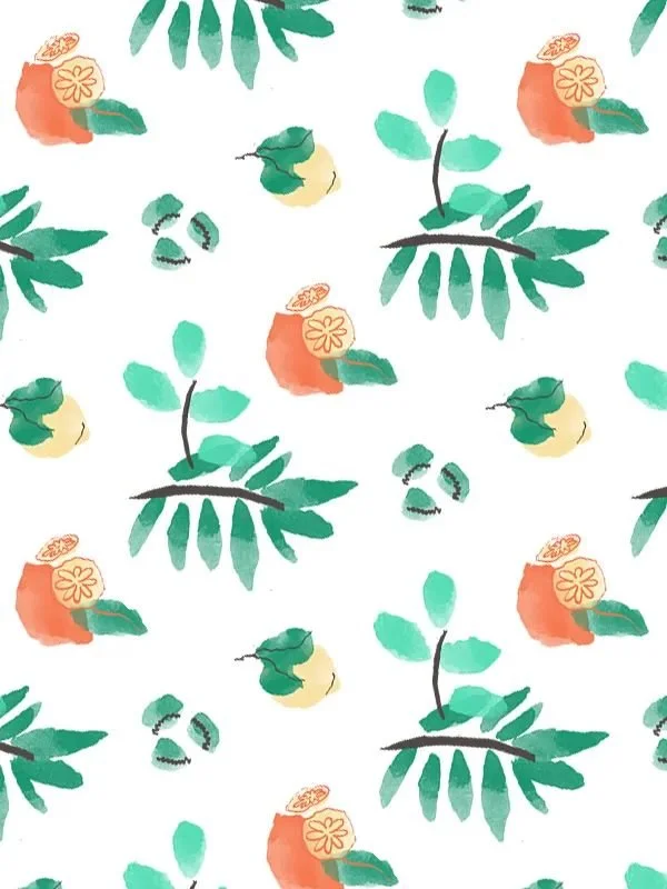 Pattern variation with lemons, olive leaves, and seashells - fresh, airy composition on white background.