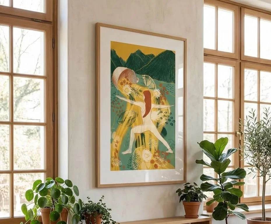 Editorial illustration of a figure in warrior II pose standing steady inside a flood of tea pouring from a giant overturned cup, mountains rising behind, chamomile flowers and lemon slices scattered through mustard yellow and teal tones - strength he