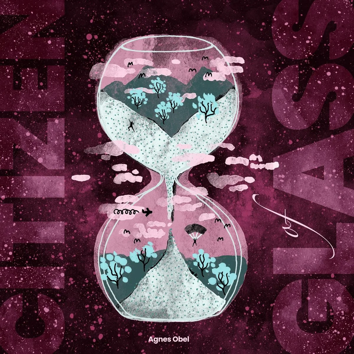 Album cover illustration for Agnes Obel's Citizen of Glass - an hourglass containing two mirrored mountain landscapes, a tiny figure climbing upward through falling sand in the upper chamber, another drifting down by parachute in the lower chamber, i