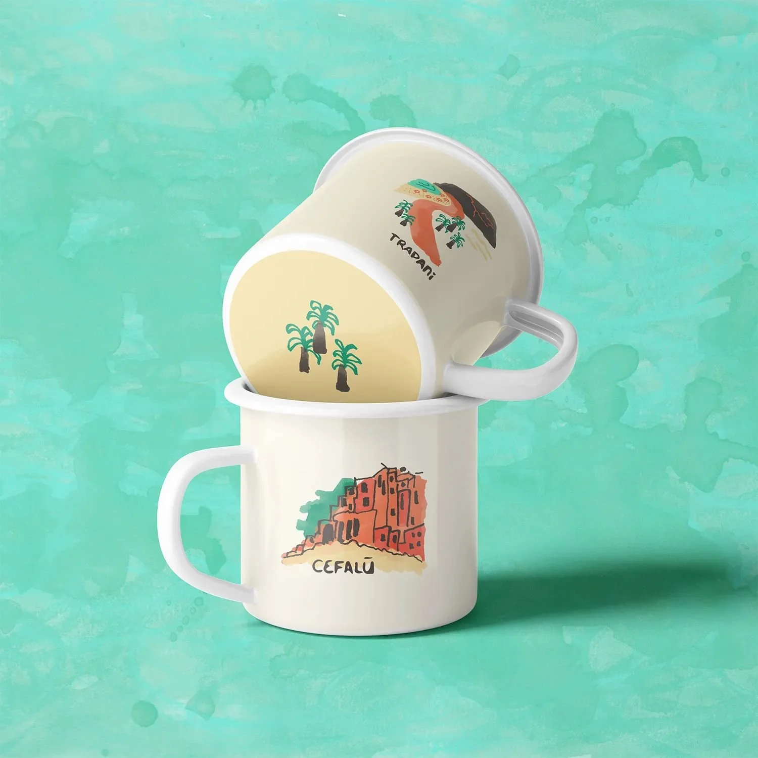 Two cream-colored mugs featuring icons from the Sicily map collection — Cefalù and Trapani, set against a turquoise sea texture.