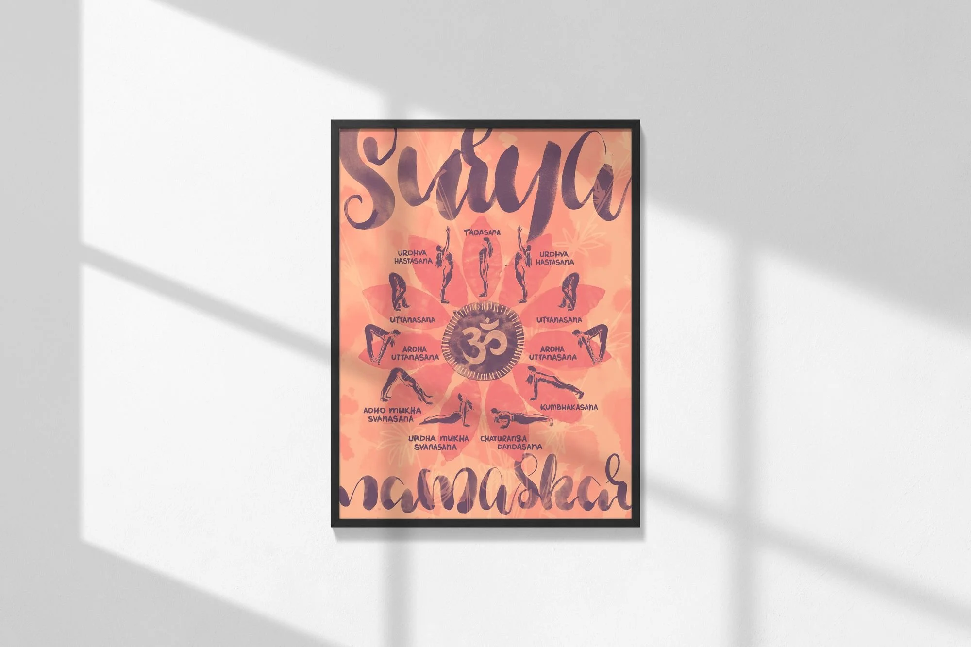 Poster of Surya Namaskar yoga sequence framed on a wall — soft pinks and beige tones.