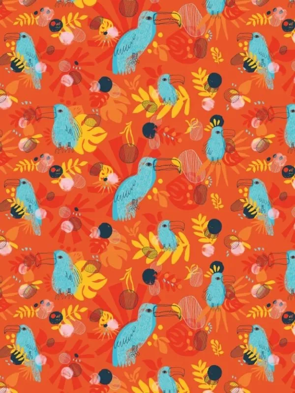 Repeating version of the hero toucan pattern showing bright contrasts and layered tropical composition.