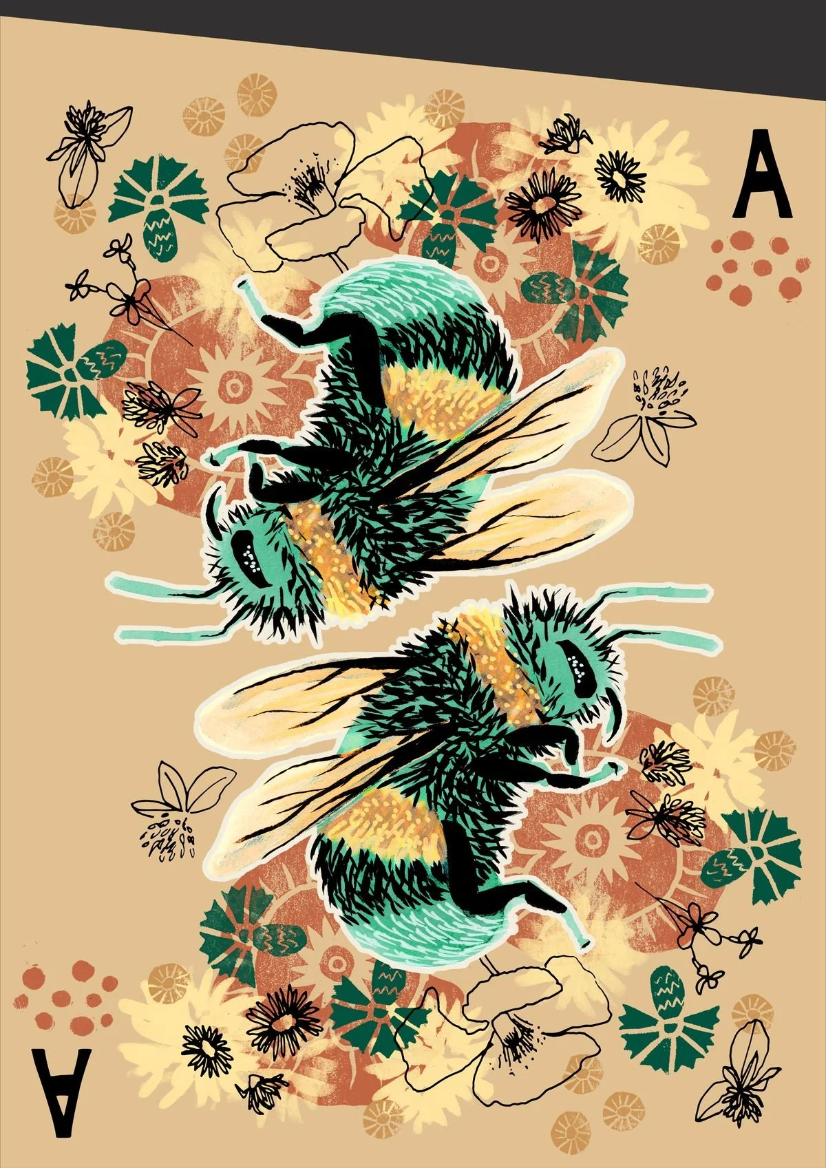 Mural concept illustration styled as a playing card ace, two mirrored bumblebees rendered in teal and black with golden pollen markings, surrounded by stamped wildflowers and linocut-style botanical motifs in an earthy tan and rust palette.