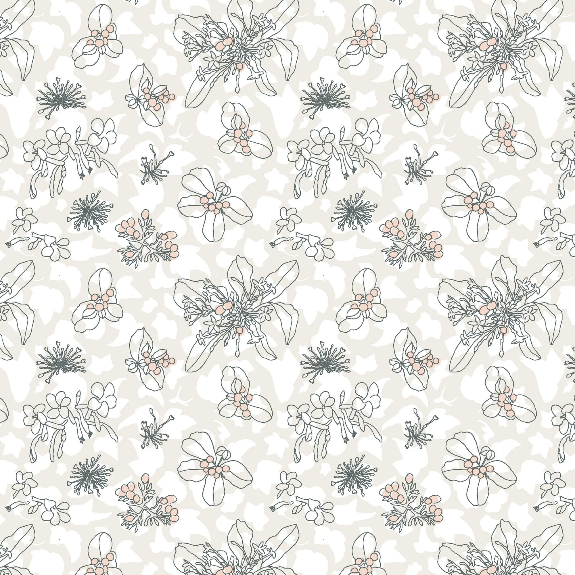 Seamless botanical pattern layering pale ivy silhouettes with fine line drawings of rauvolfia flowers and berries in dusty peach, on a cream and warm gray background - Bitter Remedy collection hero print.