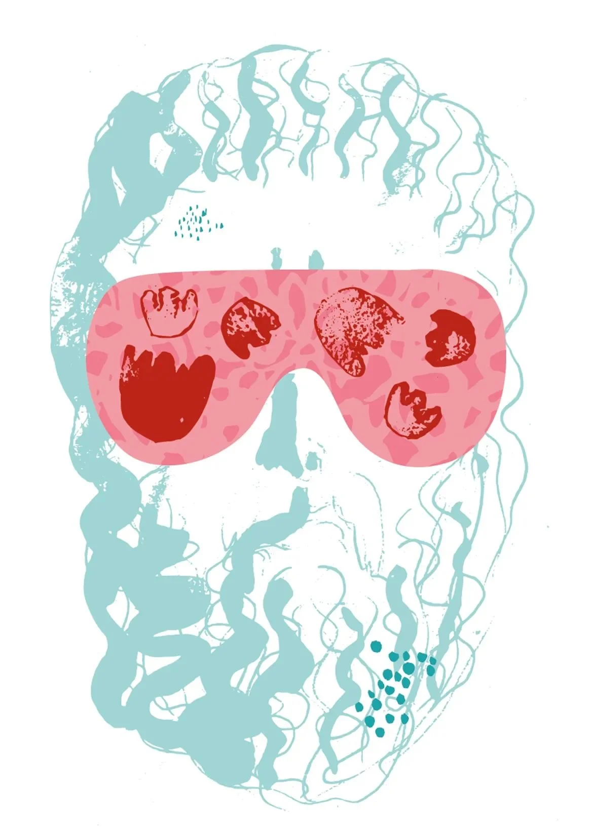 Card featuring Plato head motif from the Endometriosis series - classical sculpture with floral pink blindfold on white background.
