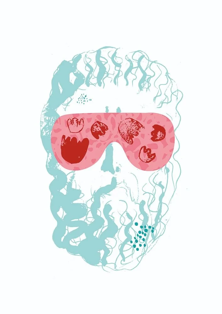Sketch of a classical sculpture head with a pink floral blindfold - symbolic reflection on perception and denial.