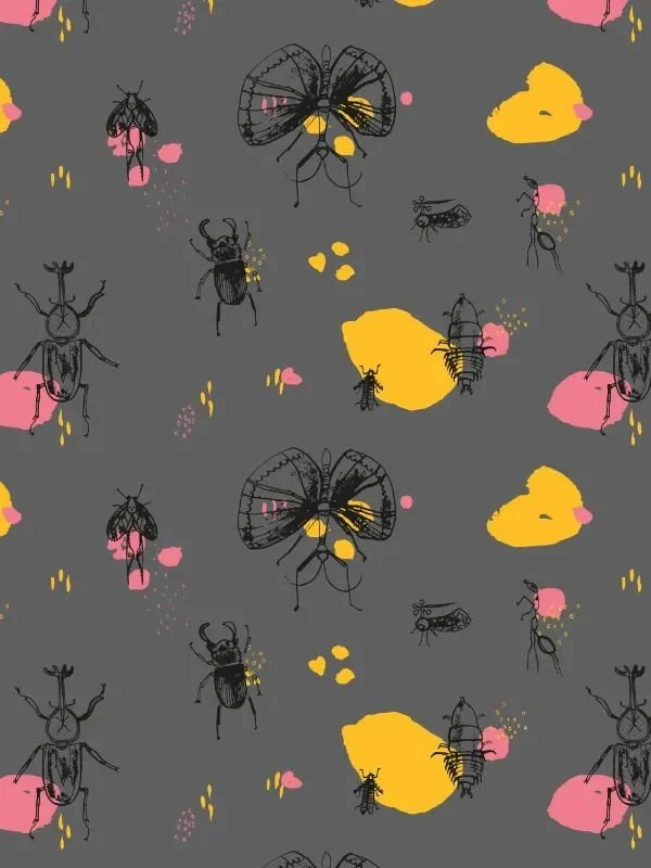 Bugs pattern variation with steel gray background and black ink insects — layered with soft pink and yellow vector forms.