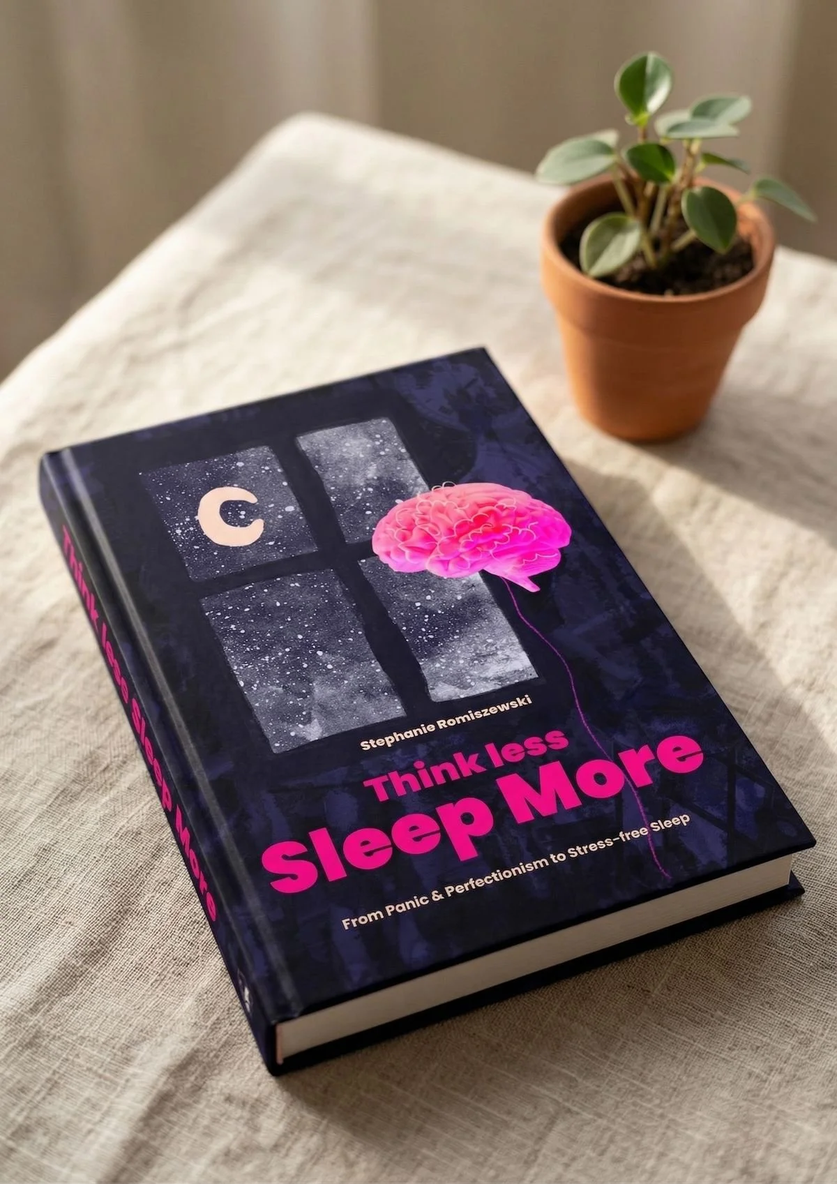 Book cover illustration for Think Less Sleep More by Stephanie Romiszewski - mixed media artwork showing a dark interior and a pink brain floating up as a balloon, with a night window and collaged texture details