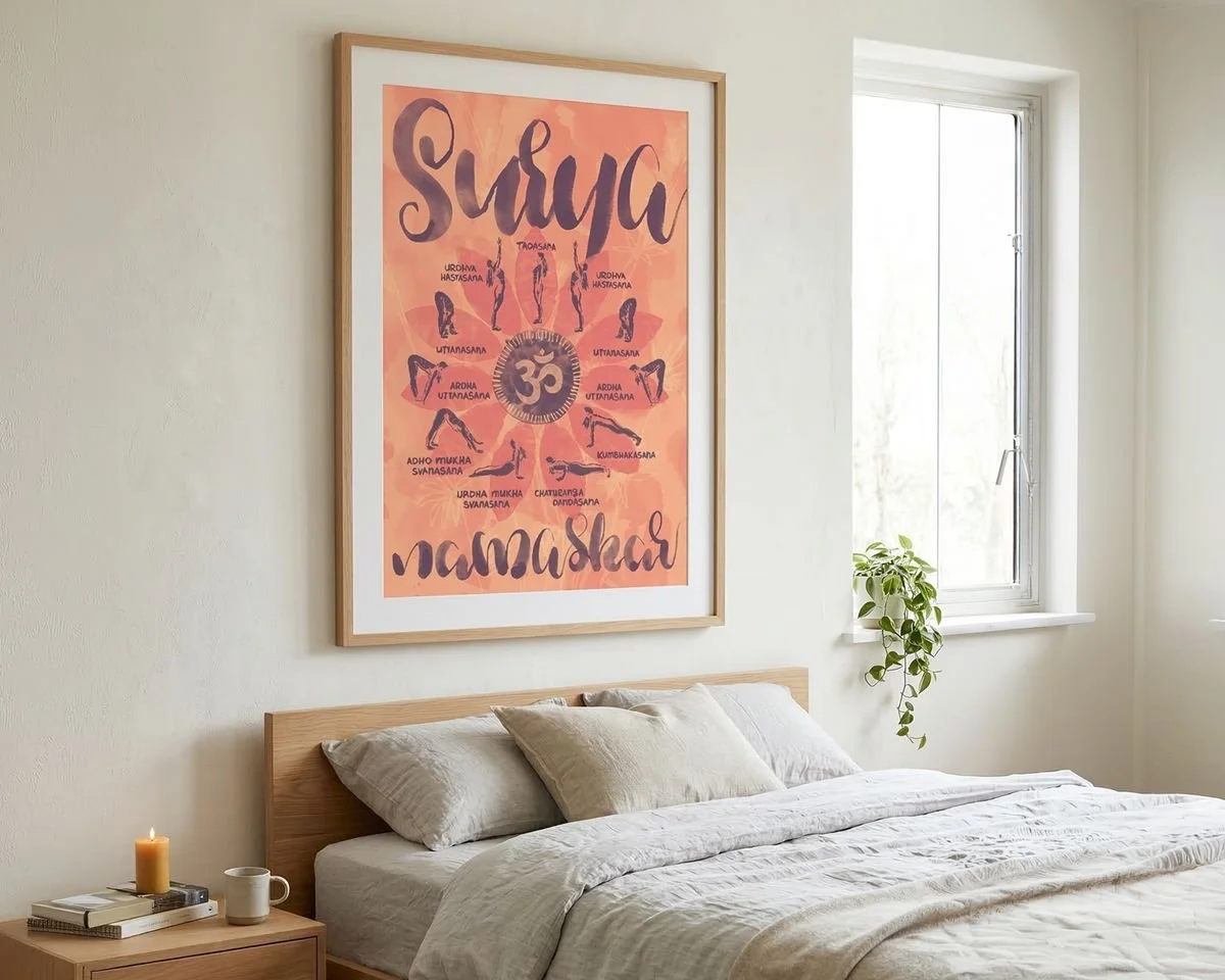 Hand-painted mixed-media illustration inspired by the rhythm of the Surya Namaskar sequence. Watercolor and ink textures express balance, flow, and mindful repetition — a visual meditation on breath and movement.