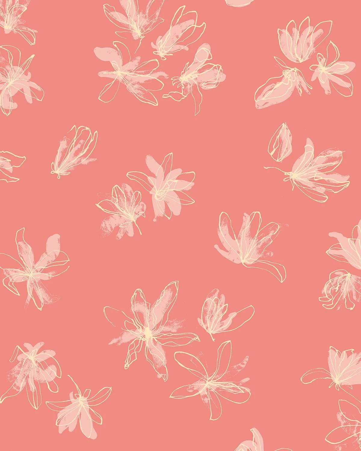 Seamless pattern of line-drawn magnolia flowers in blush and cream, scattered across a warm coral background - Early Flowers collection coordinate.