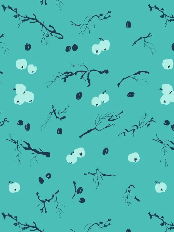 Smaller repeat of dark green variation showing plums, apples, and leaves in textured watercolor style.