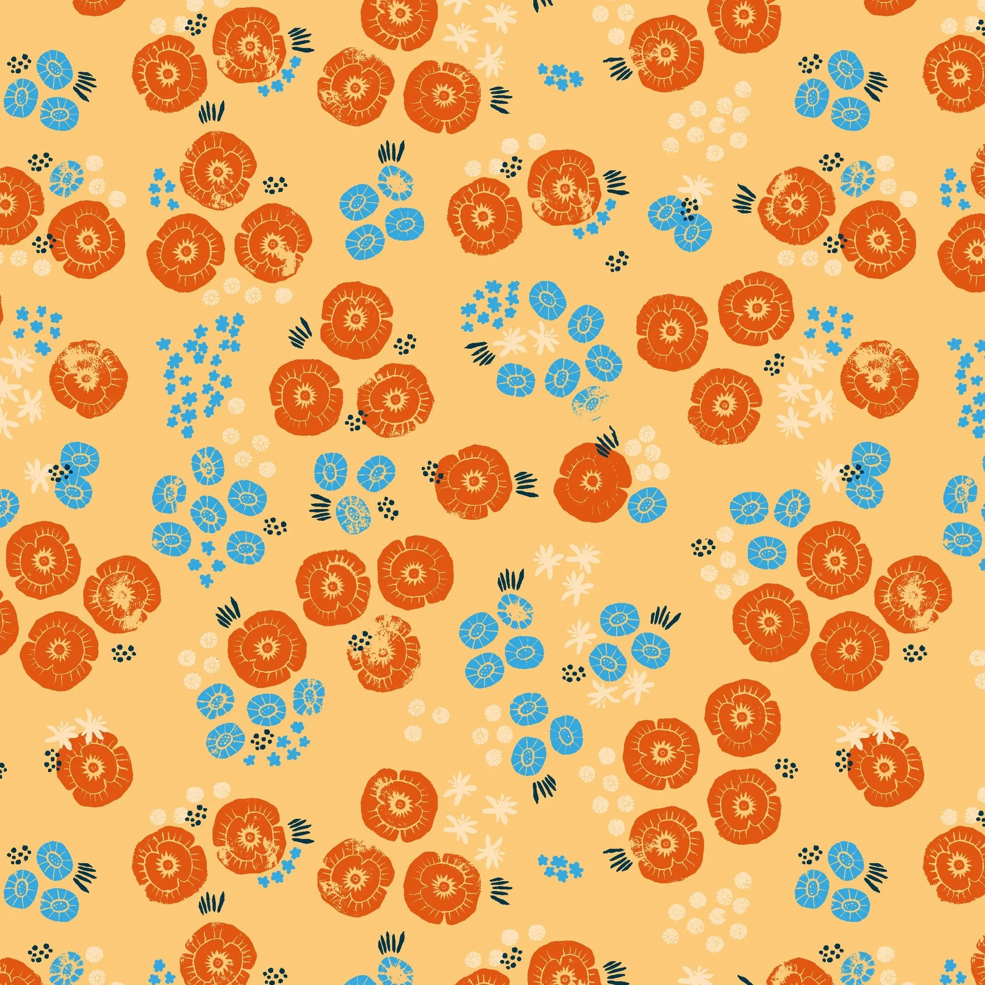 linocut inspired spring floral seamless pattern with poppies cornflowers and wildflowers