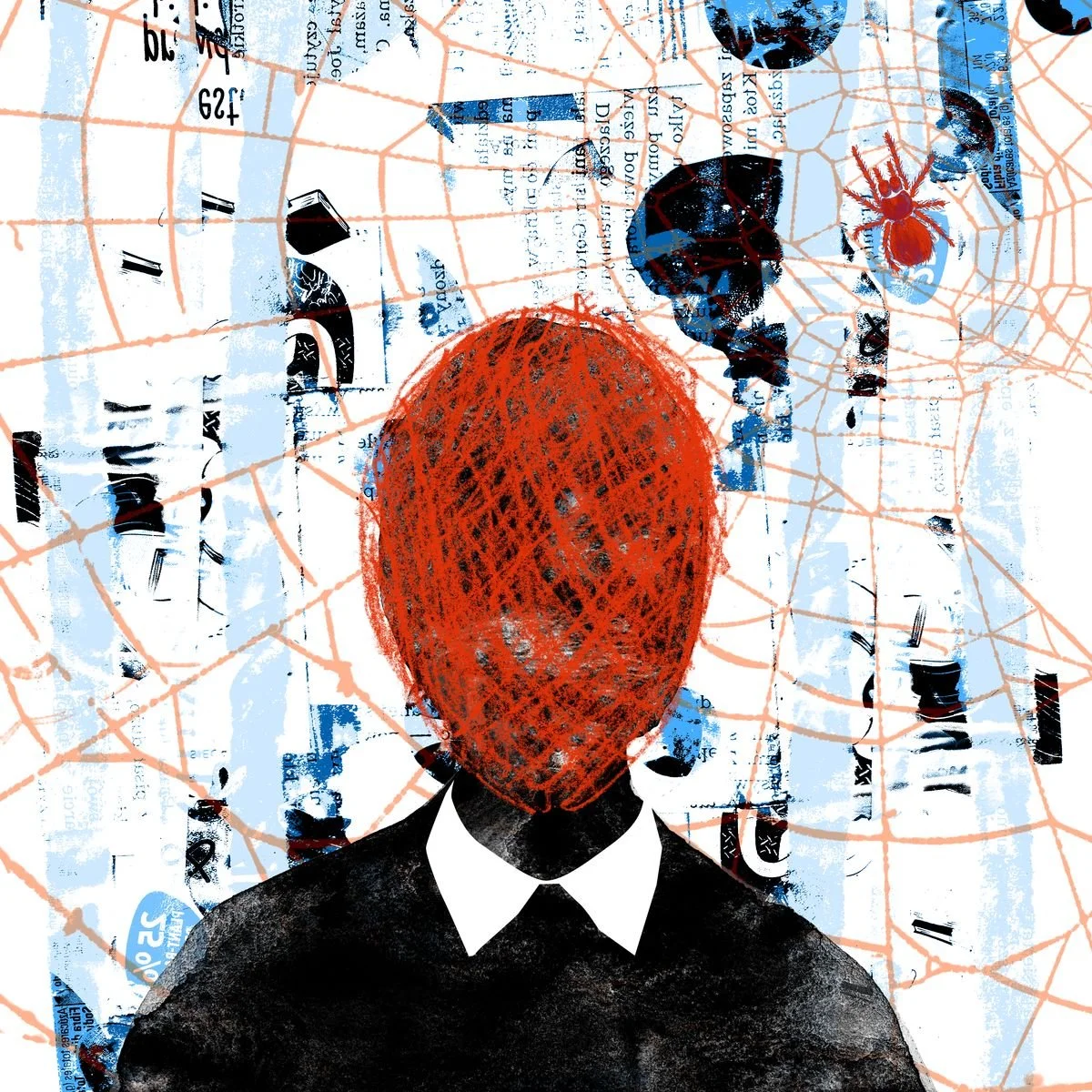 Editorial illustration about corporate burnout - an anonymous figure in a white collar and dark suit, head wrapped in a red spider web cocoon, standing against a collage background of fragmented data and newsprint crossed by orange web lines, with a 