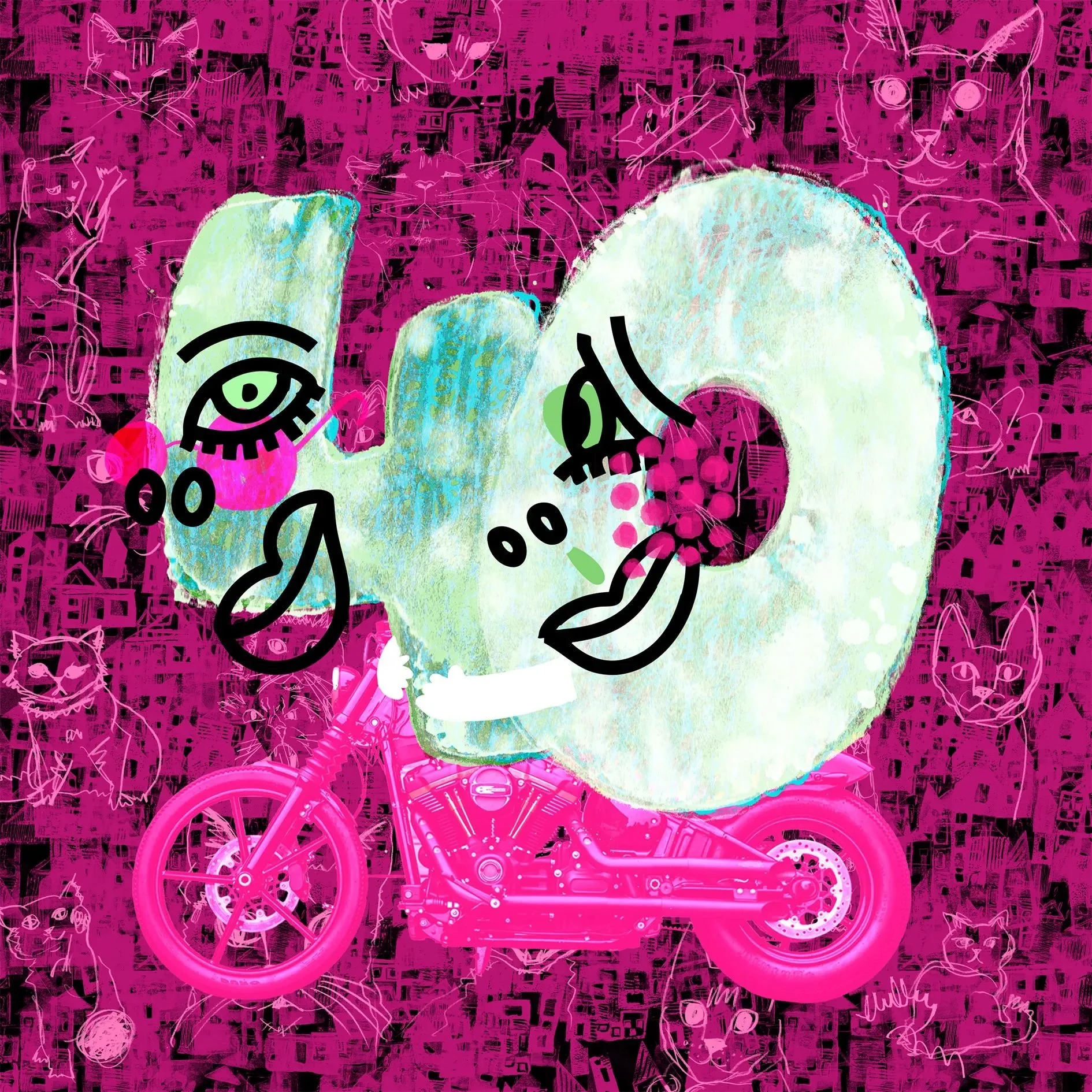 Happy Birthday 40 card - pink linocut pattern of small houses with hand-drawn cats, green surreal “40” riding a motorcycle, hand-lettered greeting on top.