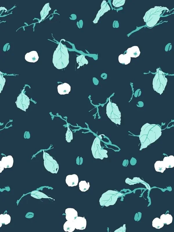 Seamless pattern variation with indigo background, pale green leaves, dark branches, and white apples — fresh, graphic look.