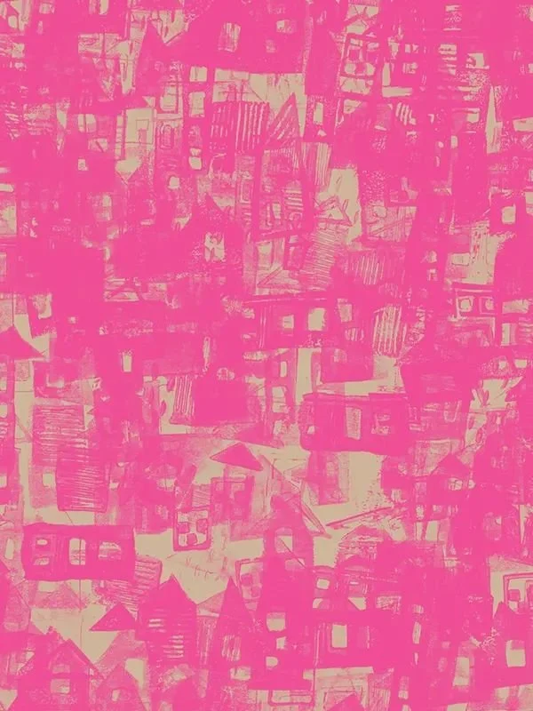 Pattern variation with light pink houses on light yellow-green background — clean, airy version without cats.