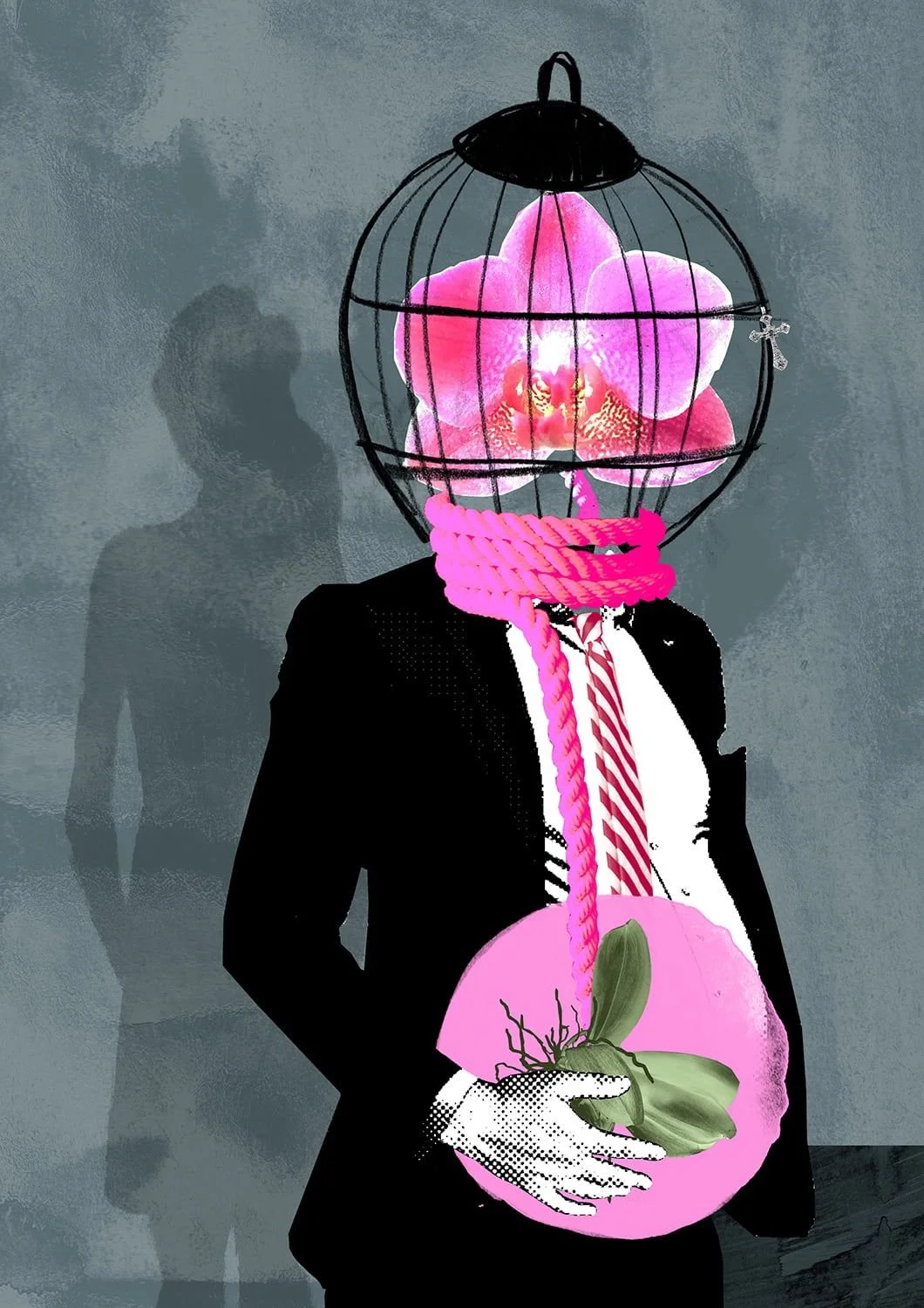 Symbolic editorial illustration — a man in a suit with a pregnant belly and a birdcage for a head; orchid flower and rope connecting body and cage, shadow of a woman behind.