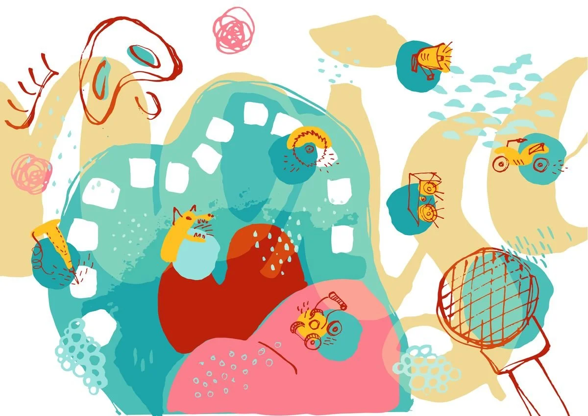 Flat-style editorial illustration inspired by summer noise - bright yellows, reds, and turquoise conveying heat and sound.