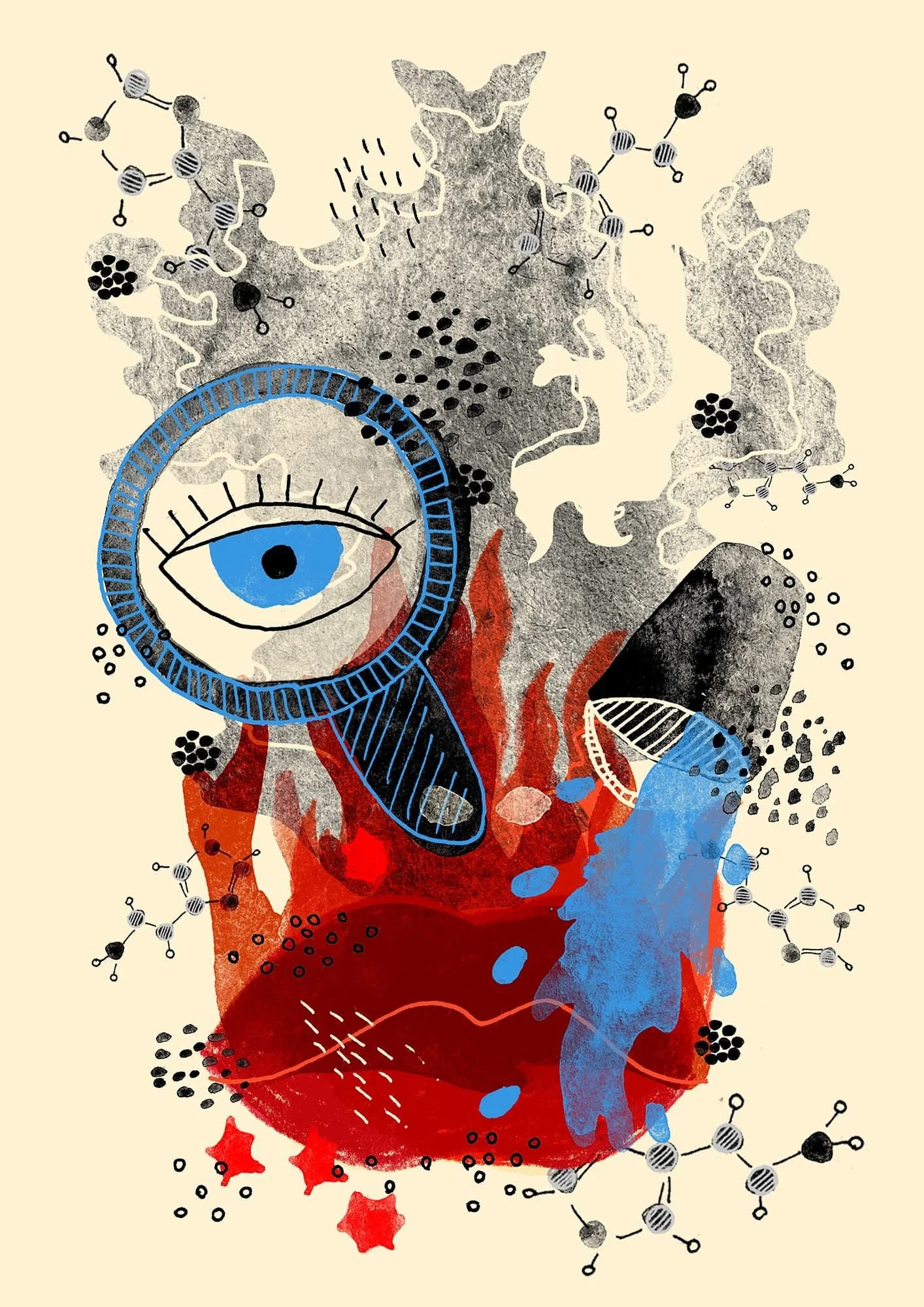 Personal editorial illustration about allergic reaction — enlarged eye under glass, swollen lips in flames, chemical patterns of histamine surrounding the figure.