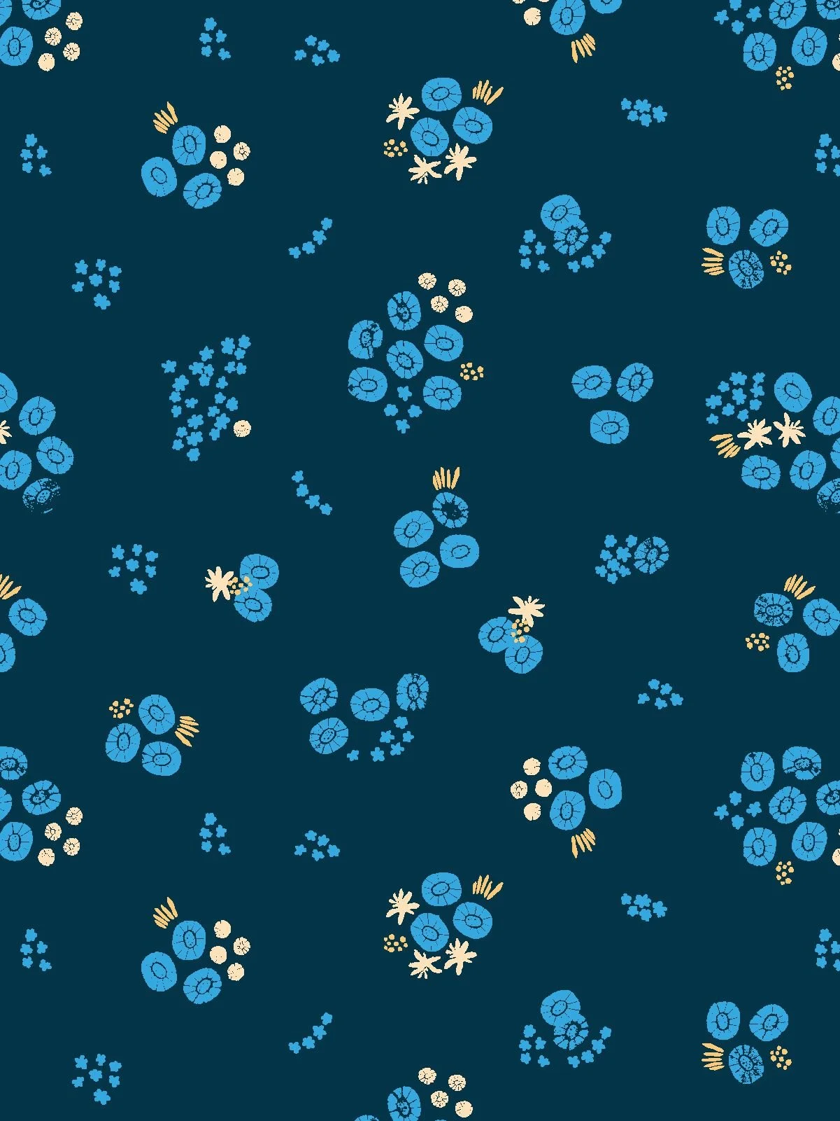 Seamless linocut-style pattern of blue cornflowers with cream accents, on a deep navy background - Spring Block Garden collection coordinate.