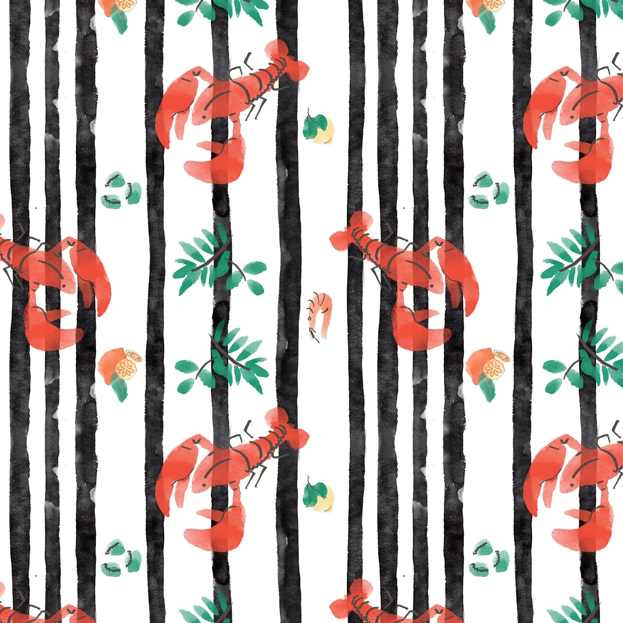 Seamless pattern on white background with black stripes, red lobsters, lemons, olive leaves, shrimp, and green seashells - bold Mediterranean design.