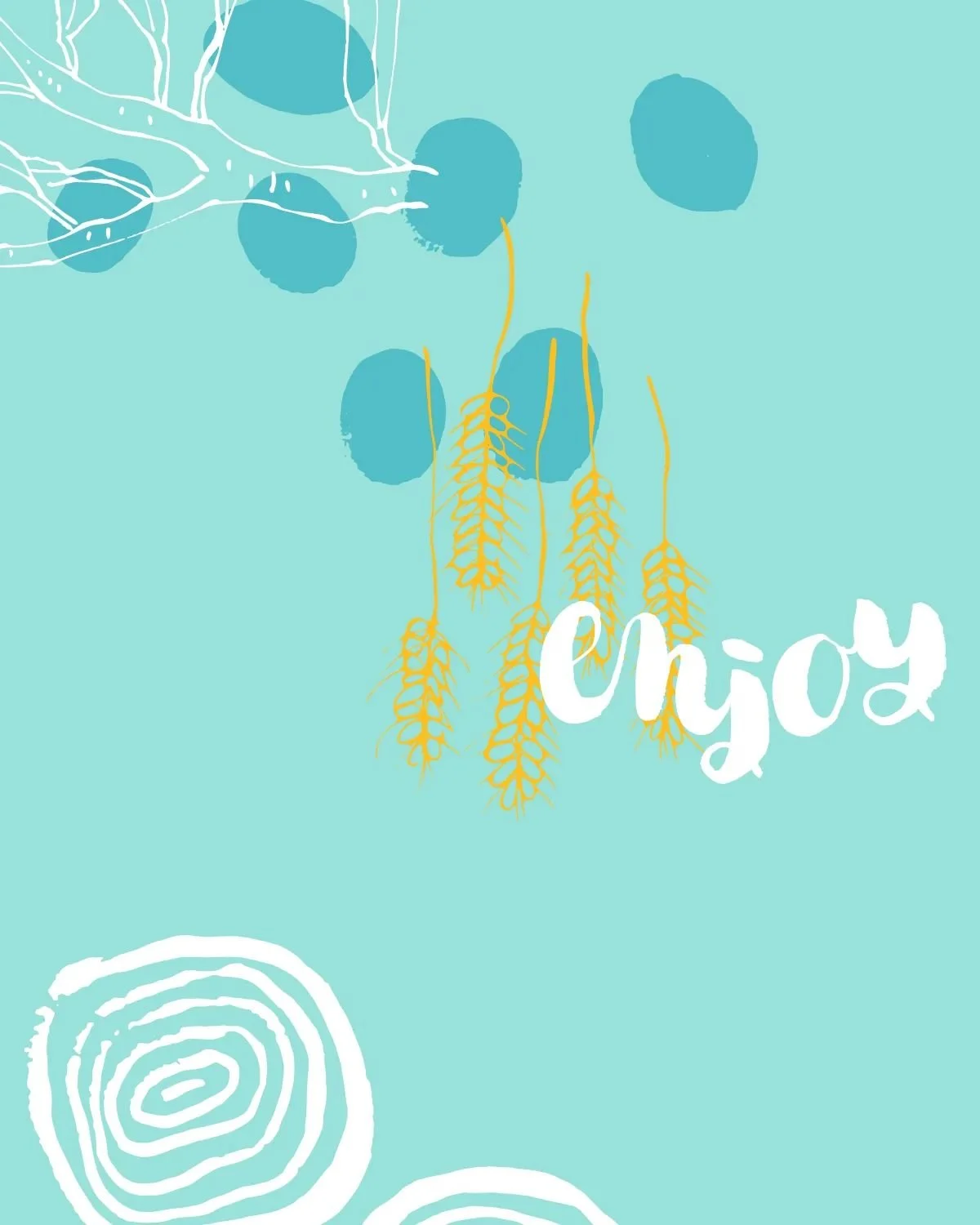 Close-up of the focaccia pattern showing garlic, flour bowl, and turquoise background with linear indigo accents.