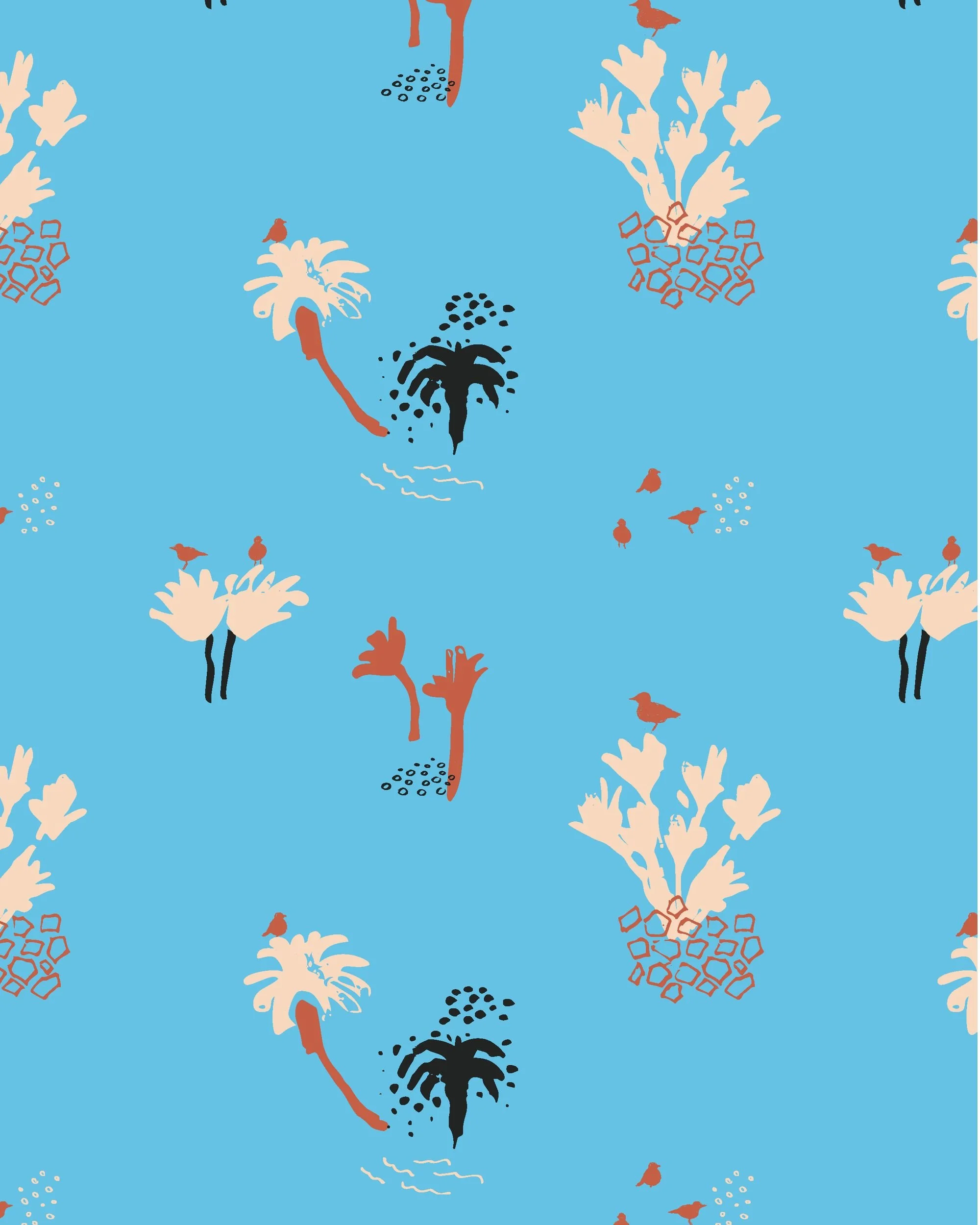 Seamless pattern of palm trees with perched birds, a fountain, small kayaks and scattered specks in cream, rust and black, on a sky blue background - Volcanic Garden collection coordinate.