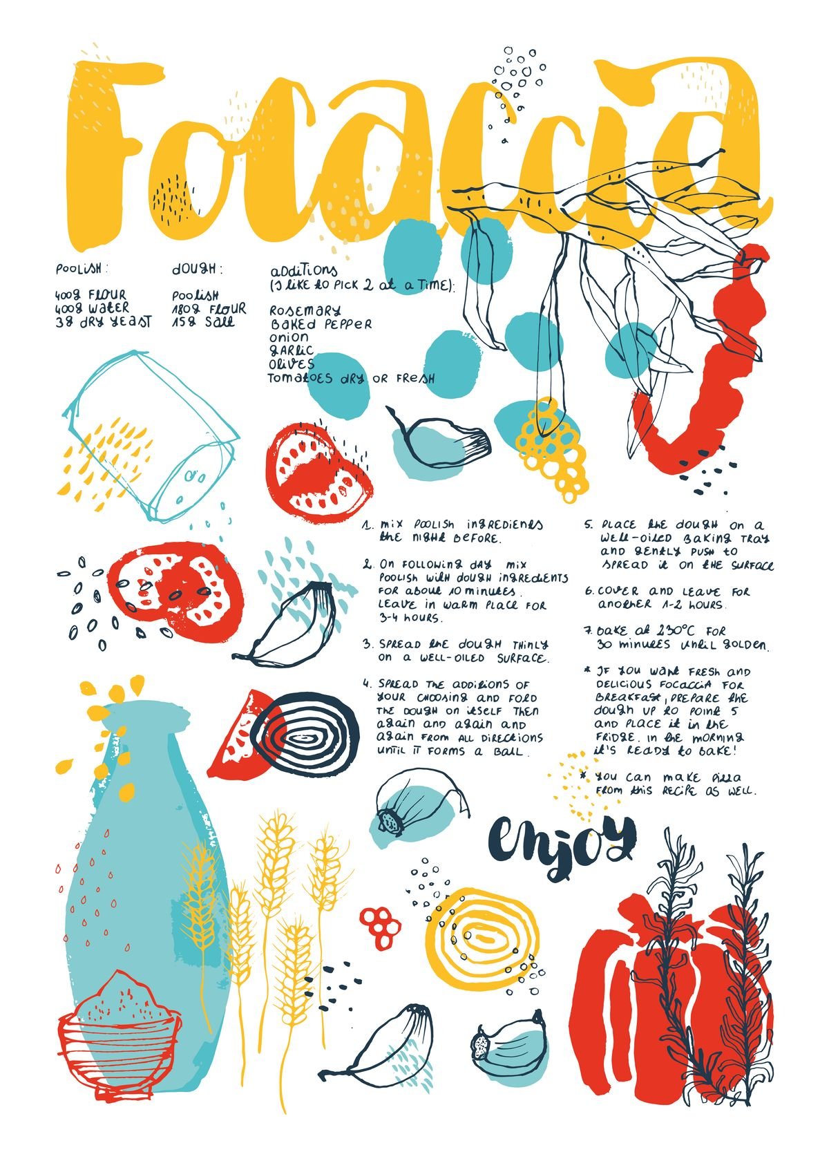 Illustrated focaccia recipe with hand lettering and step-by-step instructions, vector-style ingredient icons - tomato, garlic, olives, rosemary, wheat - built from loose watercolor washes in yellow, red and turquoise with a few precise pen drawings, 