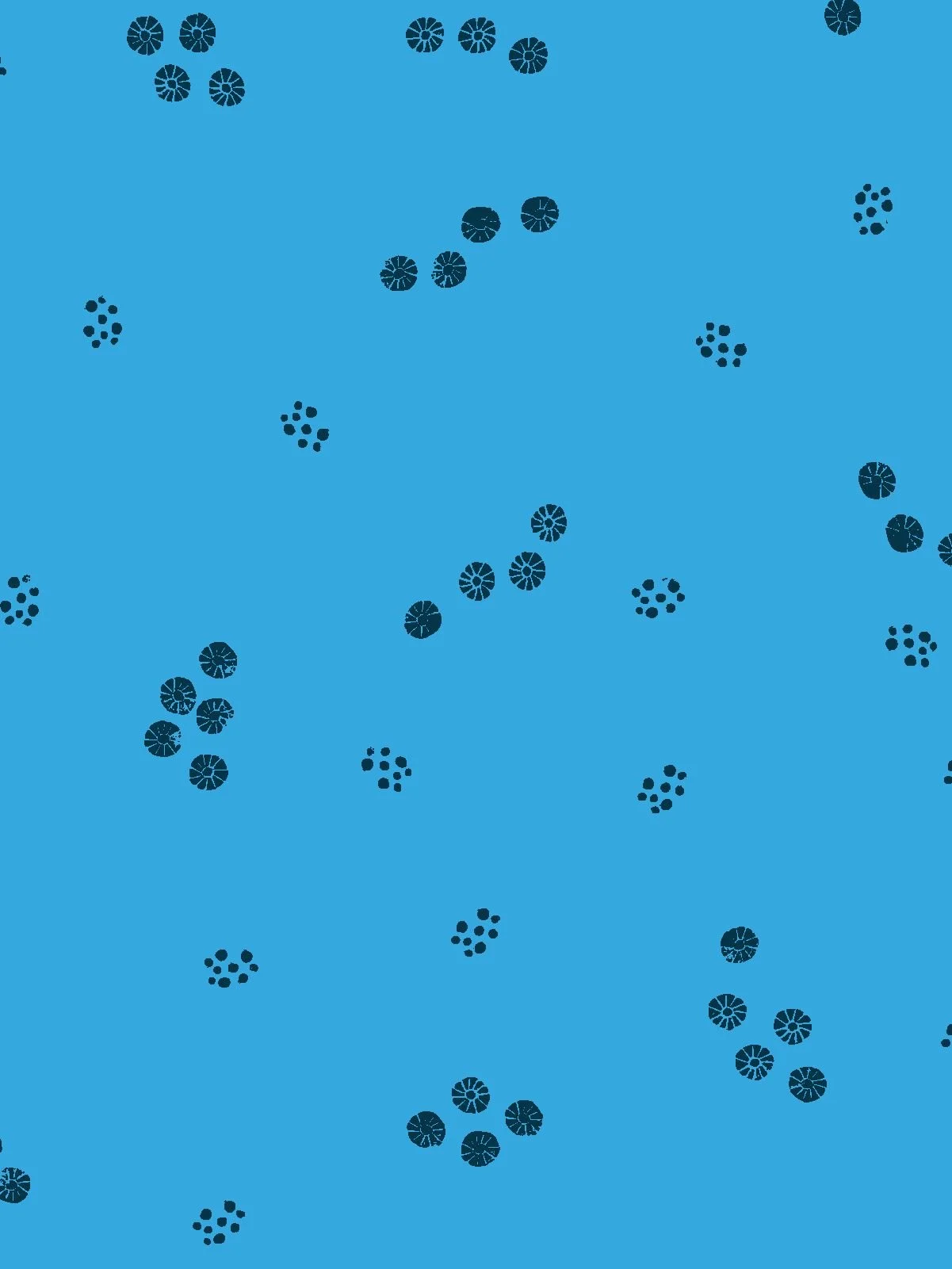 Minimal seamless blender pattern of small navy linocut-style flower motifs and scattered dot clusters, on a sky blue background - Spring Block Garden collection coordinate.