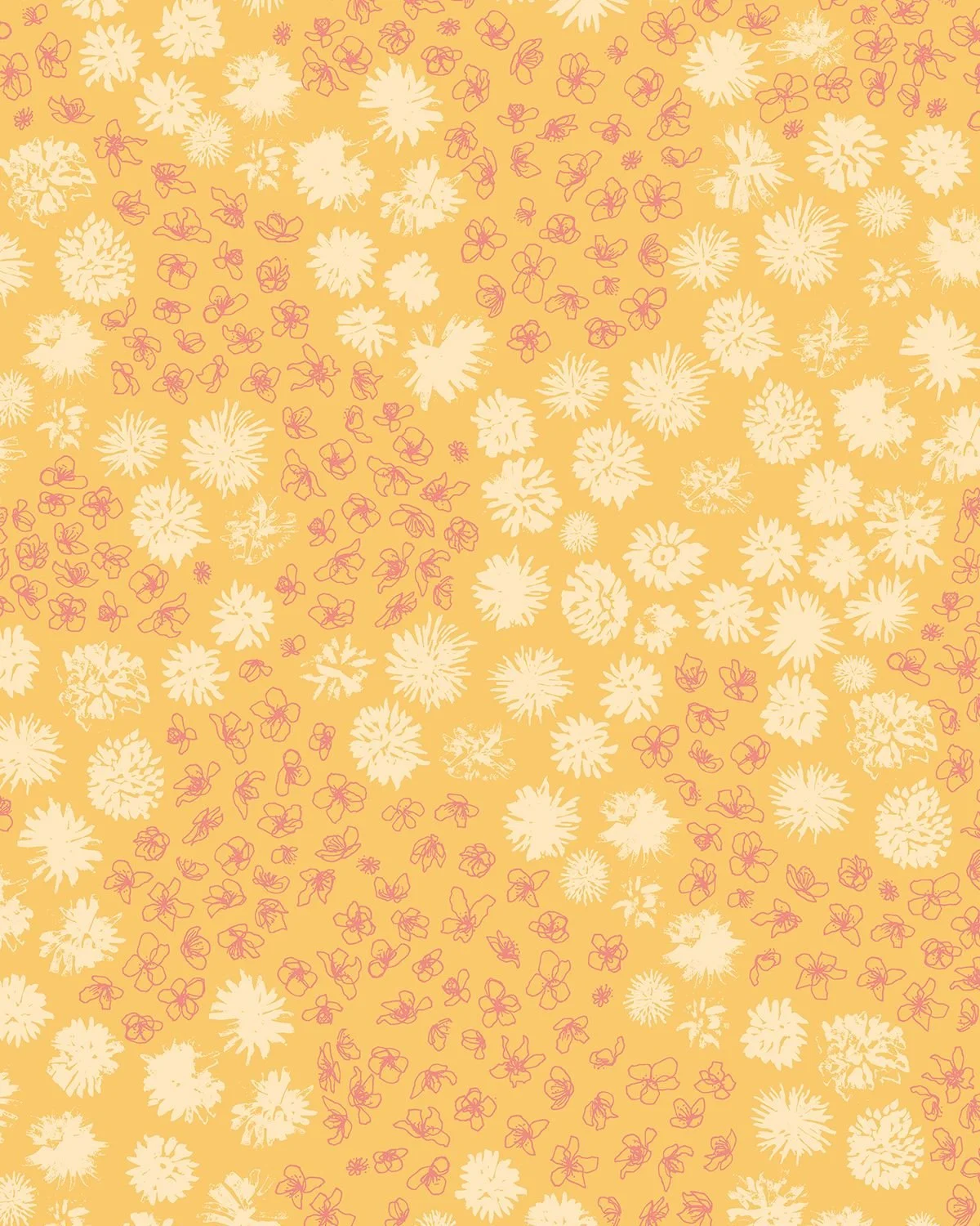 Dense seamless pattern of peach and dandelion flowers in cream and rose line work, scattered across a golden yellow background - Early Flowers collection coordinate.